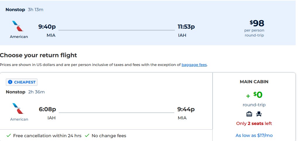 Non-stop flights from Miami to Houston, Texas for only $98 roundtrip with American Airlines. Also works in reverse. Flight deal ticket image.
