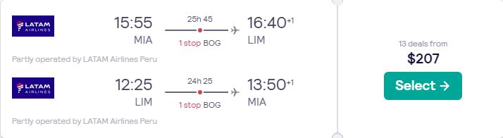 Cheap flights from Miami to Lima, Peru for only $207 roundtrip with LATAM Airlines. Flight deal ticket image.