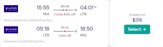 Cheap flights from Miami to La Paz, Bolivia for only $316 roundtrip with LATAM Airlines. Flight deal ticket image.