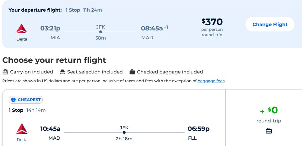 Cheap flights from US cities to Madrid, Spain from only $370 roundtrip with Delta Air Lines. Flight deal ticket image.