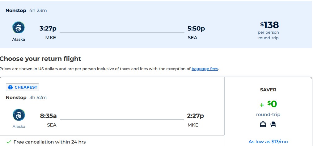 Non-stop flights from Milwaukee to Seattle for only $138 roundtrip with Alaska Airlines. Also works in reverse. Flight deal ticket image.