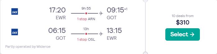 Click here to book this cheap flight deal. Cheap flights from New York or Chicago to Gothenburg, Sweden from only $310 roundtrip with SAS. Flight deal ticket image.