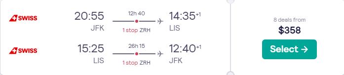 Cheap flights from New York or Washington DC to Lisbon, Portugal from only $358 roundtrip with Swiss International Air Lines. Flight deal ticket image.