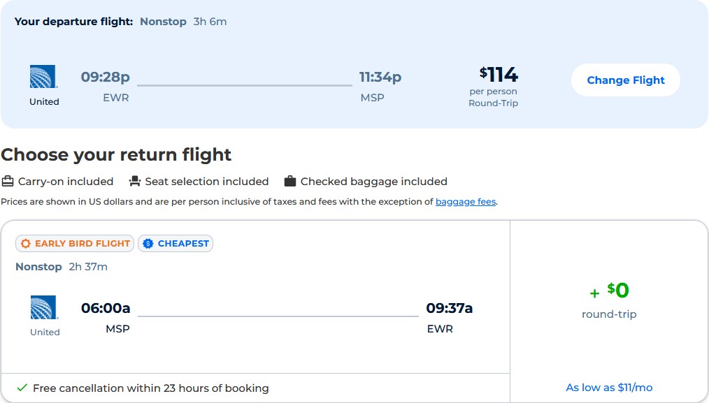 Non-stop flights from New York to Minneapolis for only $114 roundtrip with United Airlines. Also works in reverse. Flight deal ticket image.