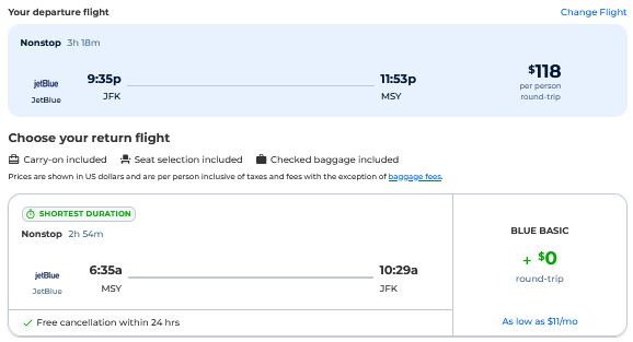 Nonstop flights from New York to New Orleans for just $118 roundtrip with JetBlue.  Also works in reverse.  Image of flight offer ticket.