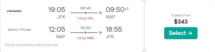 Cheap flights from New York to Naples or Pisa, Italy from only $343 roundtrip with Finnair and Iberia. Flight deal ticket image.