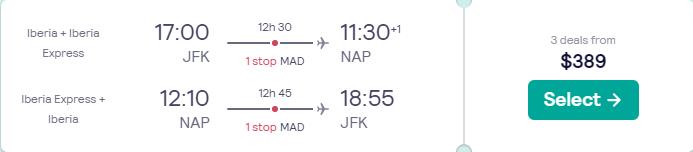 Cheap flights from New York to Naples, Italy for only $389 roundtrip with Iberia. Flight deal ticket image.