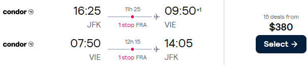 Cheap flights from New York to Vienna, Austria for only $380 roundtrip. Flight deal ticket image.
