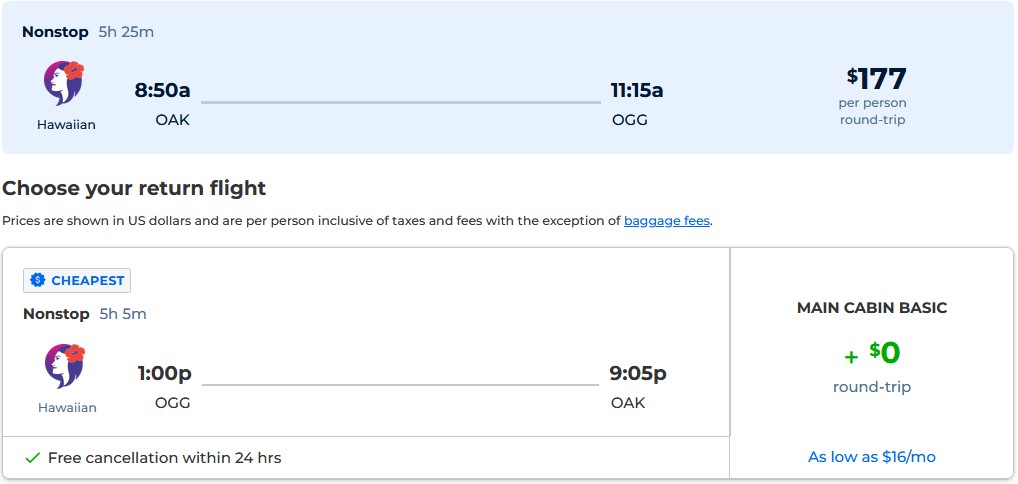 Non-stop flights from Oakland, California to Kahului, Hawaii for only $177 roundtrip with Hawaiian Airlines. Also works in reverse. Flight deal ticket image.