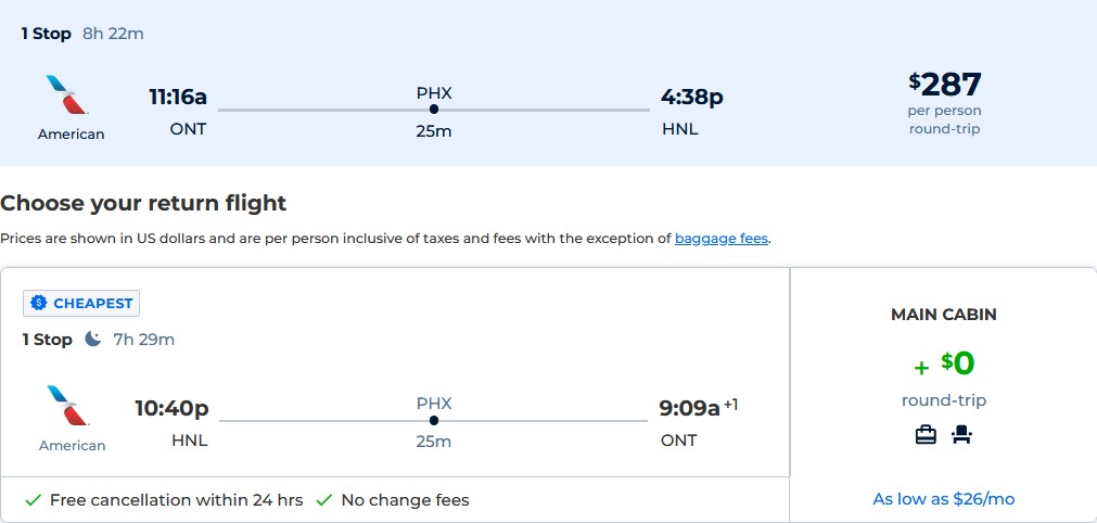 Cheap flights from Ontario, California to Honolulu, Hawaii for only $287 roundtrip with American Airlines. Also works in reverse. Flight deal ticket image.