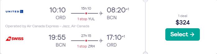 Cheap flights from Chicago to Barcelona, Spain for only $324 roundtrip with Air Canada and Swiss International Air Lines. Flight deal ticket image.