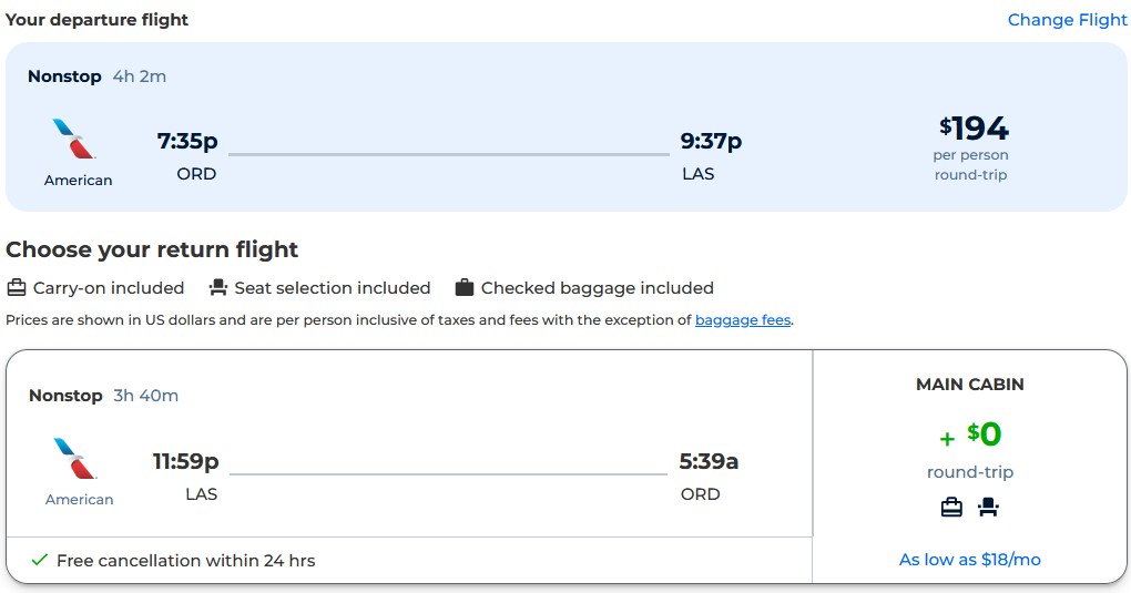 Non-stop flights from Chicago to Las Vegas for only $194 roundtrip with American Airlines. Also works in reverse. Flight deal ticket image.