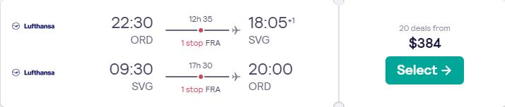 Cheap flights from Chicago to Stavanger, Norway for only $384 roundtrip with Lufthansa. Flight deal ticket image.