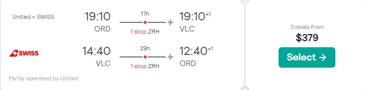 Cheap flights from Chicago to Valencia, Spain for only $379 roundtrip with Swiss International Air Lines and United Airlines. Flight deal ticket image.