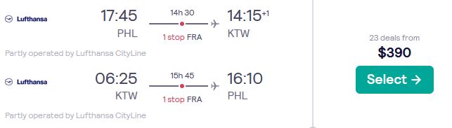 Click here to book this cheap flight deal. Cheap flights from Philadelphia to Katowice, Poland for only $390 roundtrip with Lufthansa. Flight deal ticket image.