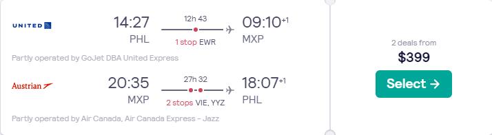 Cheap flights from Philadelphia to Milan, Italy for only $399 roundtrip with United Airlines, Austrian Airlines and Air Canada. Flight deal ticket image.