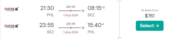 Cheap flights from Philadelphia to the Seychelles for only $761 roundtrip with Qatar Airways. Flight deal ticket image.