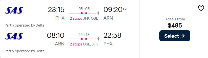 Click here to book this cheap flight deal. Cheap flights from Phoenix, Arizona to Stockholm, Sweden for only $485 roundtrip with Delta Air Lines and Scandinavian Airlines. Flight deal ticket image.