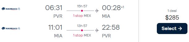 Cheap flights from Puerto Vallarta, Mexico to Miami, USA for only $285 USD roundtrip with Aeromexico. Flight deal ticket image.