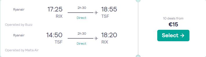 Non-stop flights from Riga, Latvia to Venice, Italy for only €15 roundtrip. Flight deal ticket image.