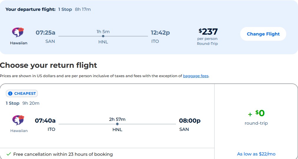 Cheap flights from San Diego to Hilo for only $237 roundtrip with Hawaiian Airlines. Also works in reverse. Flight deal ticket image.