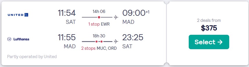 Cheap flights from San Antonio, Texas to Madrid or Barcelona, Spain from only $375 roundtrip with United Airlines and Lufthansa. Flight deal ticket image.