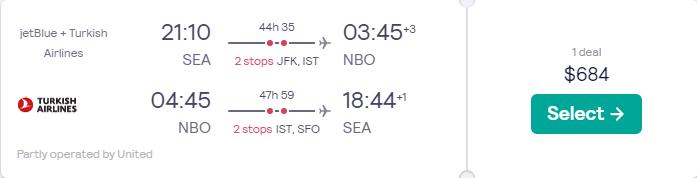 Cheap flights from Seattle to Nairobi, Kenya for only $684 roundtrip with JetBlue, Turkish Airlines and United Airlines. Flight deal ticket image.