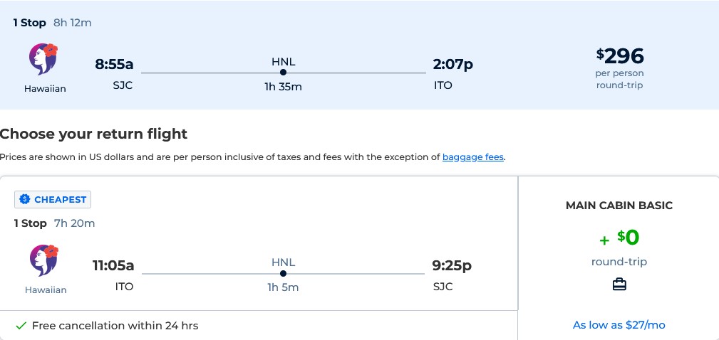 Cheap flights from San Jose, California to Hilo for only $296 roundtrip with Hawaiian Airlines. Also works in reverse. Flight deal ticket image.