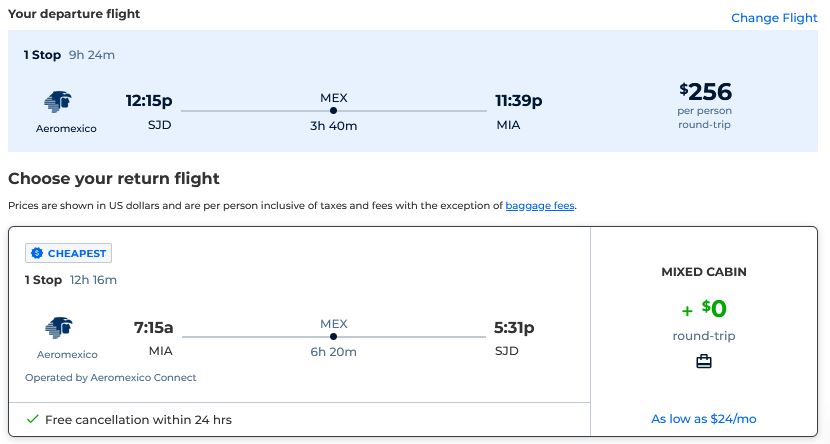 Cheap flights from San Jose del Cabo, Mexico to Miami, USA for only $256 USD roundtrip with Aeromexico. Flight deal ticket image.