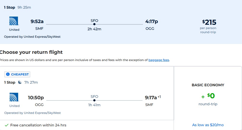 Cheap flights from Sacramento, California to Kahului, Hawaii for only $215 roundtrip with United Airlines. Also works in reverse. Flight deal ticket image.
