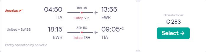 Cheap flights from Tirana, Albania to New York, USA for only €283 roundtrip with Austrian Airlines, United Airlines and Swiss International Air Lines. Flight deal ticket image.