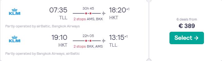 Cheap flights from Tallinn, Estonia or Vilnius, Lithuania to Phuket, Thailand from only €389 roundtrip with KLM. Flight deal ticket image.