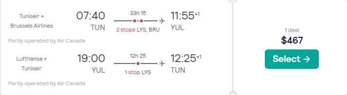 Cheap flights from Tunis, Tunisia to Montreal, Canada for only $467 USD roundtrip with Brussels Airlines and Air Canada. Flight deal ticket image.