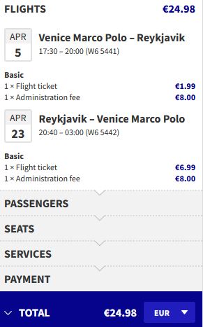Non-stop flights from Venice, Italy to Reykjavik, Iceland for only €24 roundtrip. Flight deal ticket image.