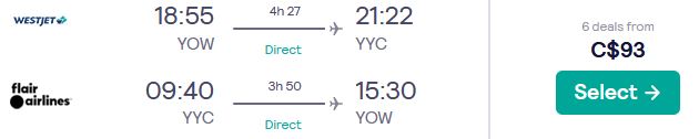 Non-stop flights from Ottawa, Canada to Calgary, Canada for only $93 CAD roundtrip. Flight deal ticket image.