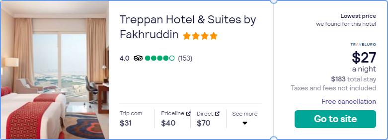Stay at the 4* Treppan Hotel & Suites by Fakhruddin in  Dubai, UAE for only $31 USD per night. Flight deal ticket image.