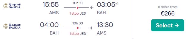 Summer flights from Amsterdam, Netherlands to Bahrain for only €266 roundtrip. Flight deal ticket image.