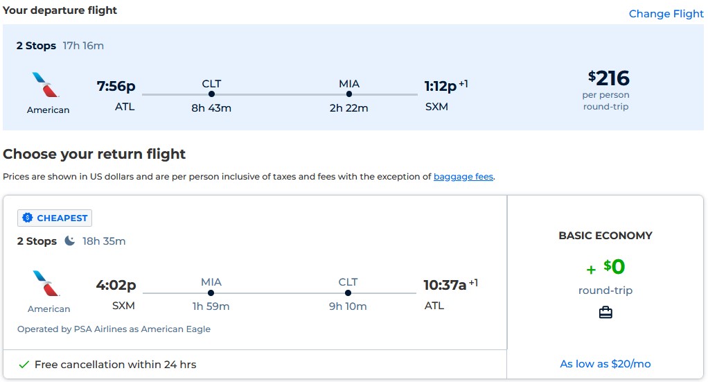 Cheap flights from Atlanta or New York to St. Martin from only $216 roundtrip with American Airlines. Flight deal ticket image.
