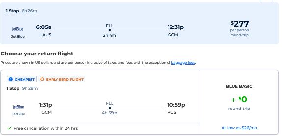 Cheap flights from Austin, Texas to the Cayman Islands for only $277 roundtrip with JetBlue. Flight deal ticket image.