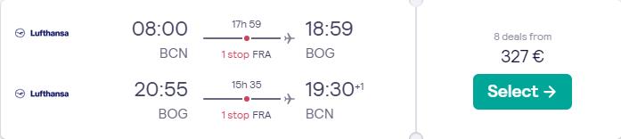 Cheap flights from Barcelona, Spain to Bogota, Colombia for only €327 roundtrip with Lufthansa. Flight deal ticket image.