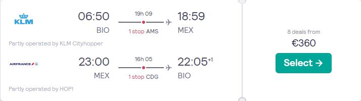 Cheap flights from Spanish cities to Mexico City, Mexico from only €360 roundtrip with KLM and Air France. Flight deal ticket image.