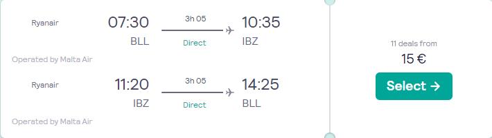 Non-stop flights from Billund, Denmark to Ibiza, Spain for only €15 roundtrip. Flight deal ticket image.