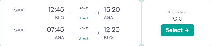 Non-stop flights from Bologna, Italy to Agadir, Morocco for only €10 roundtrip. Flight deal ticket image.