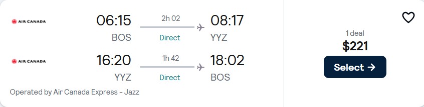 Non-stop flights from Boston to Toronto, Canada for only $221 roundtrip with Air Canada. Flight deal ticket image.