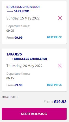 Non-stop flights from Brussels, Belgium to Sarajevo, Bosnia and Herzegovina for only €19 roundtrip. Flight deal ticket image.