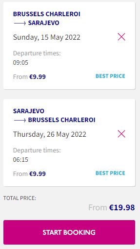 Click here to book this cheap flight deal. Non-stop flights from Brussels, Belgium to Sarajevo, Bosnia and Herzegovina for only €19 roundtrip. Flight deal ticket image.