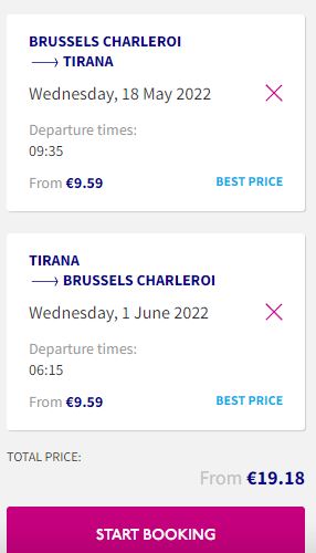 Non-stop flights from Brussels, Belgium to Tirana, Albania for only €19 roundtrip. Flight deal ticket image.
