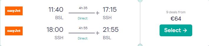 Non-stop flights from Basel or Geneva, Switzerland to Sharm el Sheikh or Hurghada, Egypt from only €64 roundtrip. Flight deal ticket image.