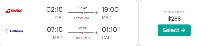 Cheap flights from Cairo, Egypt to Madrid, Spain for only $288 USD roundtrip with Swiss International Air Lines and Lufthansa. Flight deal ticket image.