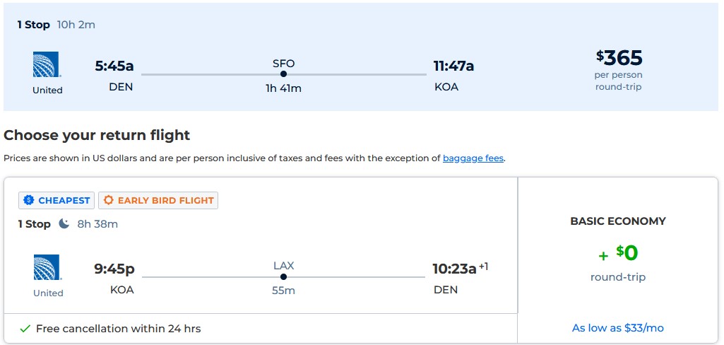 Cheap flights from Denver, Colorado to Kona, Hawaii for only $365 roundtrip with United Airlines. Also works in reverse. Flight deal ticket image.